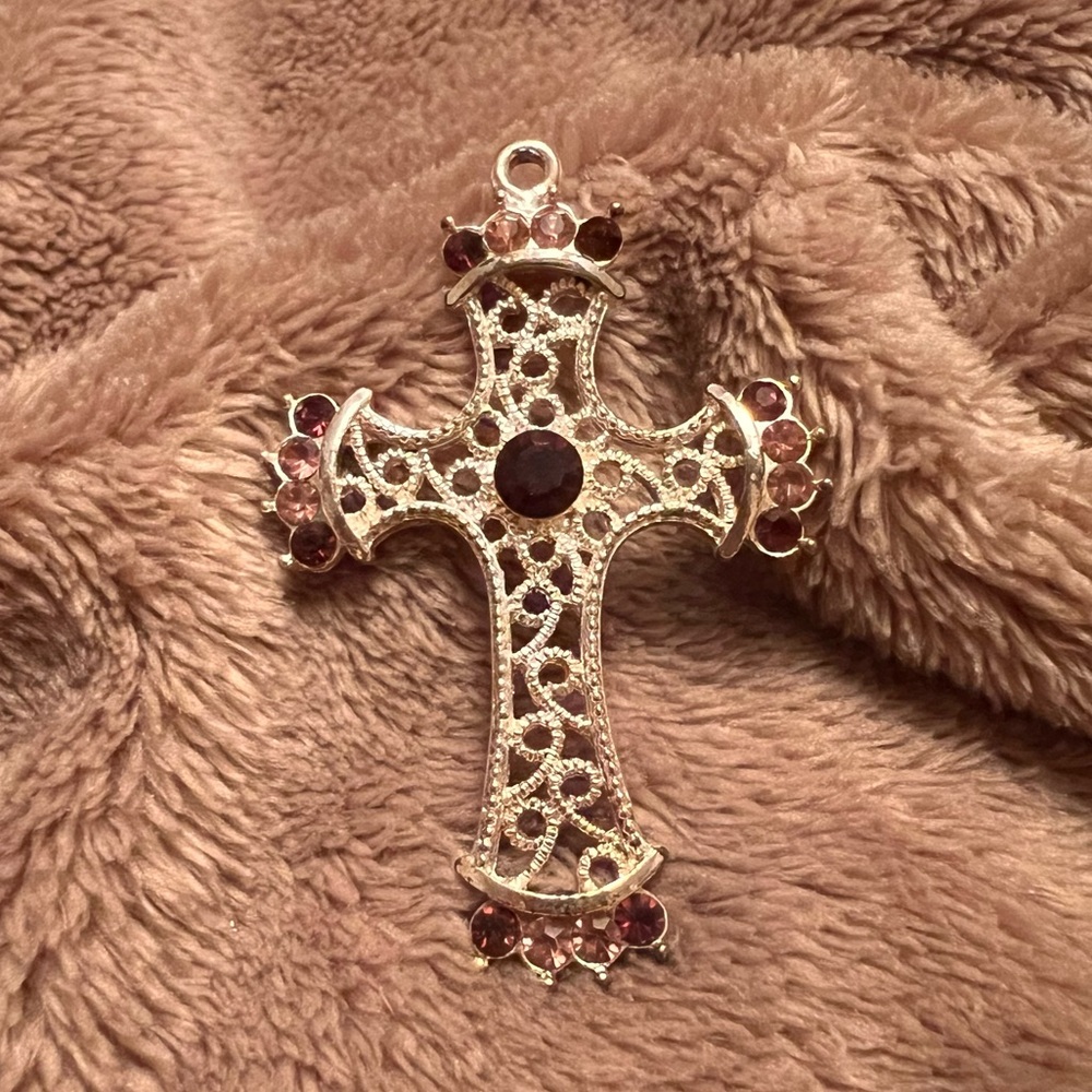 VINTAGE Large Silver Religious Cross Necklace Pendant with Purple Crystals